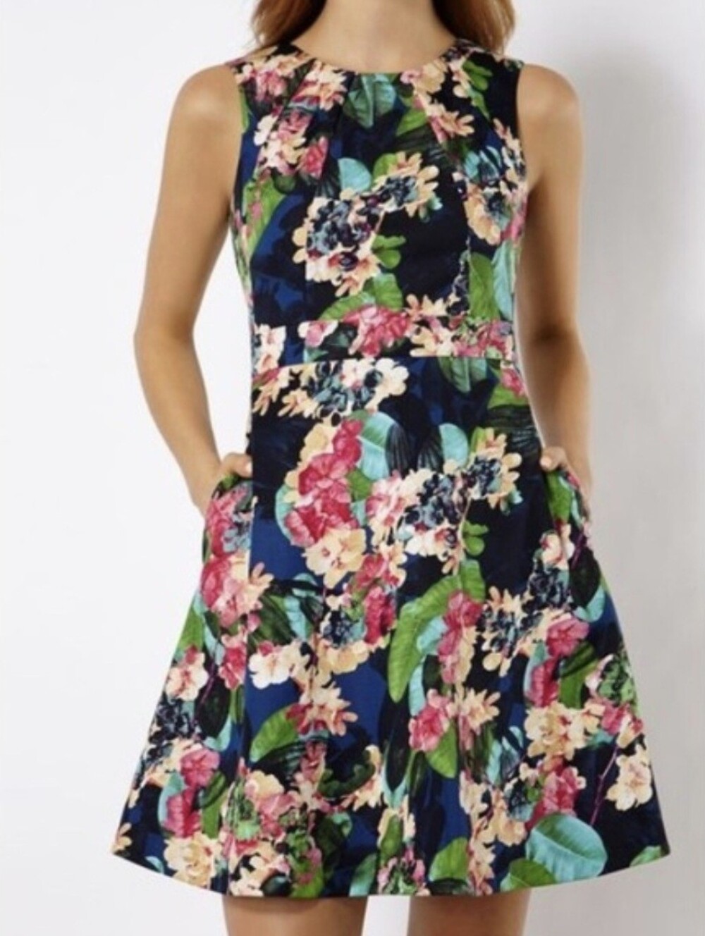 Karen Millen Party Dress Navy Tropical Floral Fit & Flare Pockets Size 8